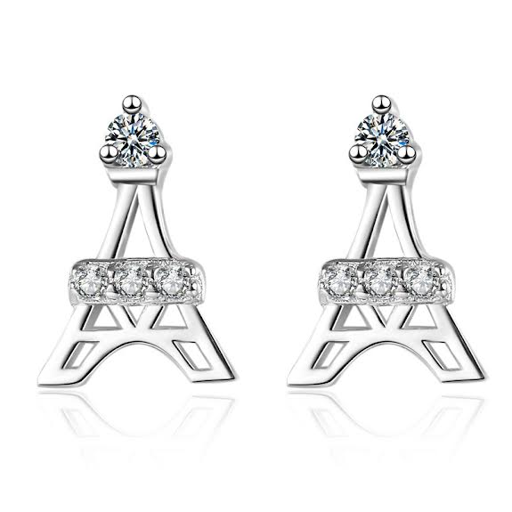 18K White Gold Polished Small Eiffel Tower 4mm with Created White Sapphire 1/4Ct Earrings Plated