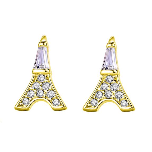 18K Yellow Gold Small Eiffel Tower 4mm with Created White Sapphire 1/4Ct Earrings Plated