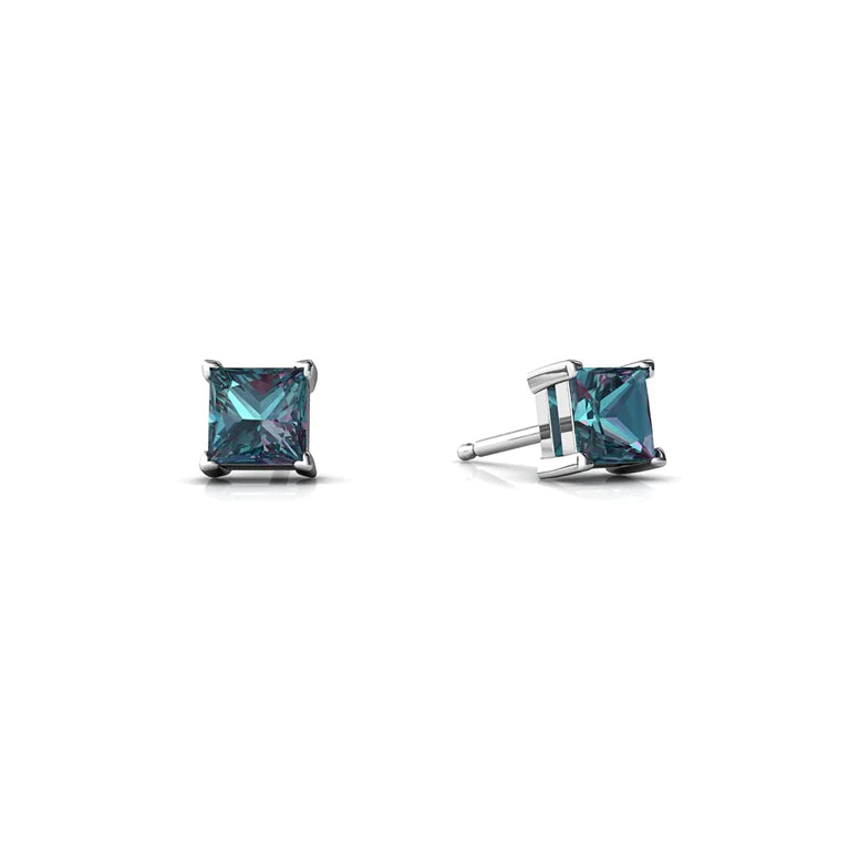 14k White Gold Plated Created Alexandrite Princess Cut Stud Earrings 6mm