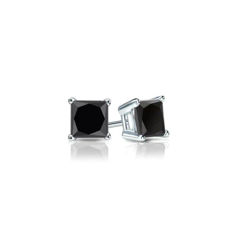 14k White Gold Plated Created Black Sapphire Princess Cut Stud Earrings 6mm