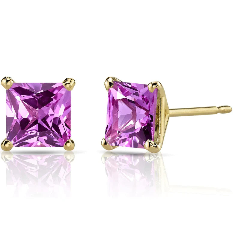 14k Yellow Gold Plated Created Pink Sapphire Princess Cut Stud Earrings 6mm