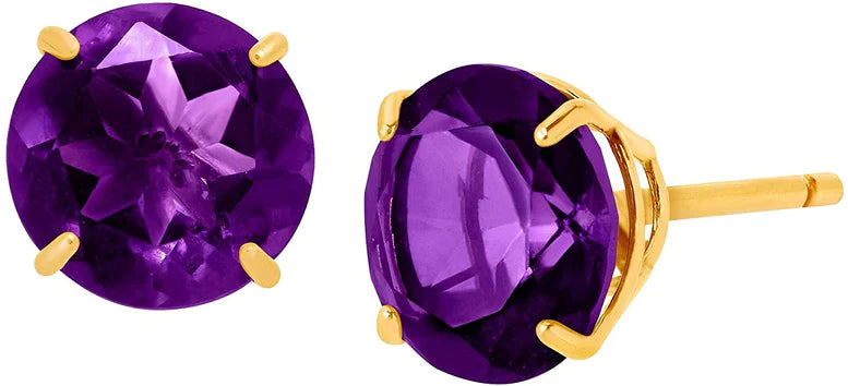 14k Yellow Gold Plated Created Amethyst Round Stud Earrings 6mm