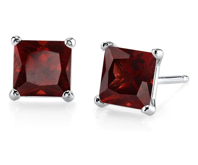 14k White Gold Plated Created Garnet Princess Cut Stud Earrings 6mm