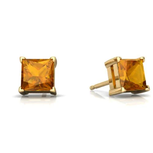 14k Yellow Gold Plated Created Citrine Princess Cut Stud Earrings 6mm