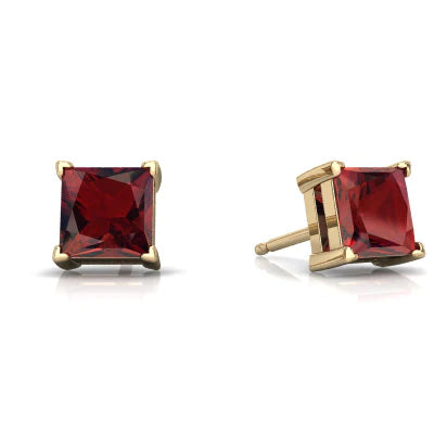 14k Yellow Gold Plated Created Garnet Princess Cut Stud Earrings 6mm