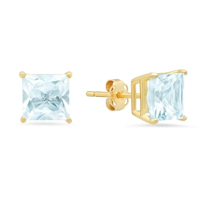 14k Yellow Gold Plated Created Aquamarine Princess Cut Stud Earrings 6mm