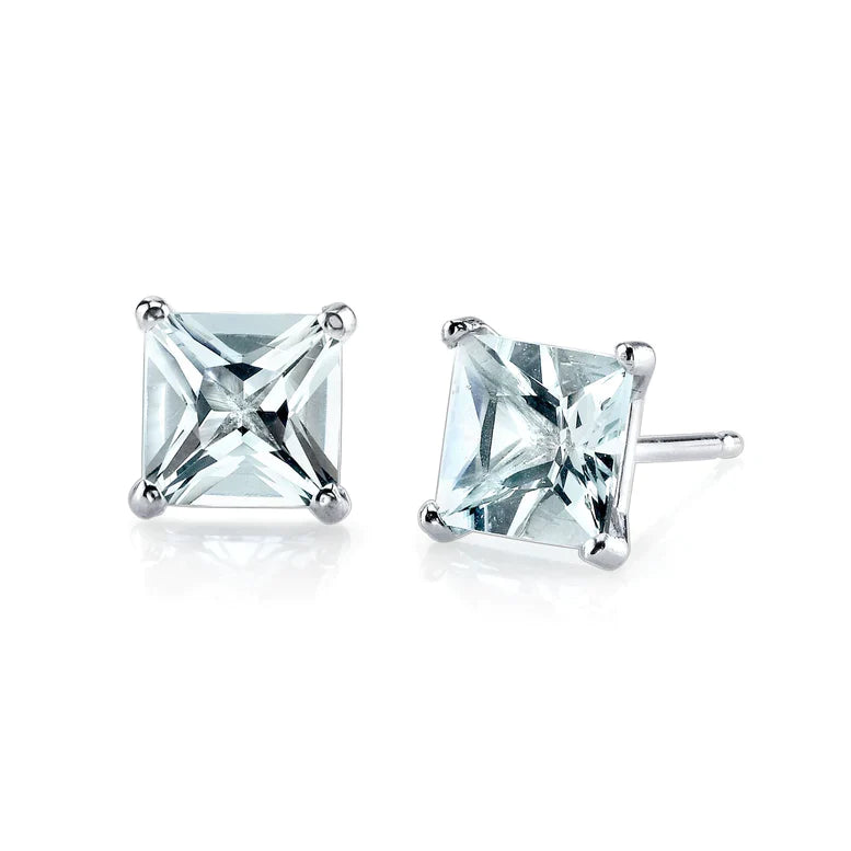 14k White Gold Plated Created Aquamarine Princess Cut Stud Earrings 6mm