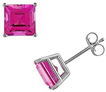 14k White Gold Plated Created Pink Sapphire Princess Cut Stud Earrings 6mm