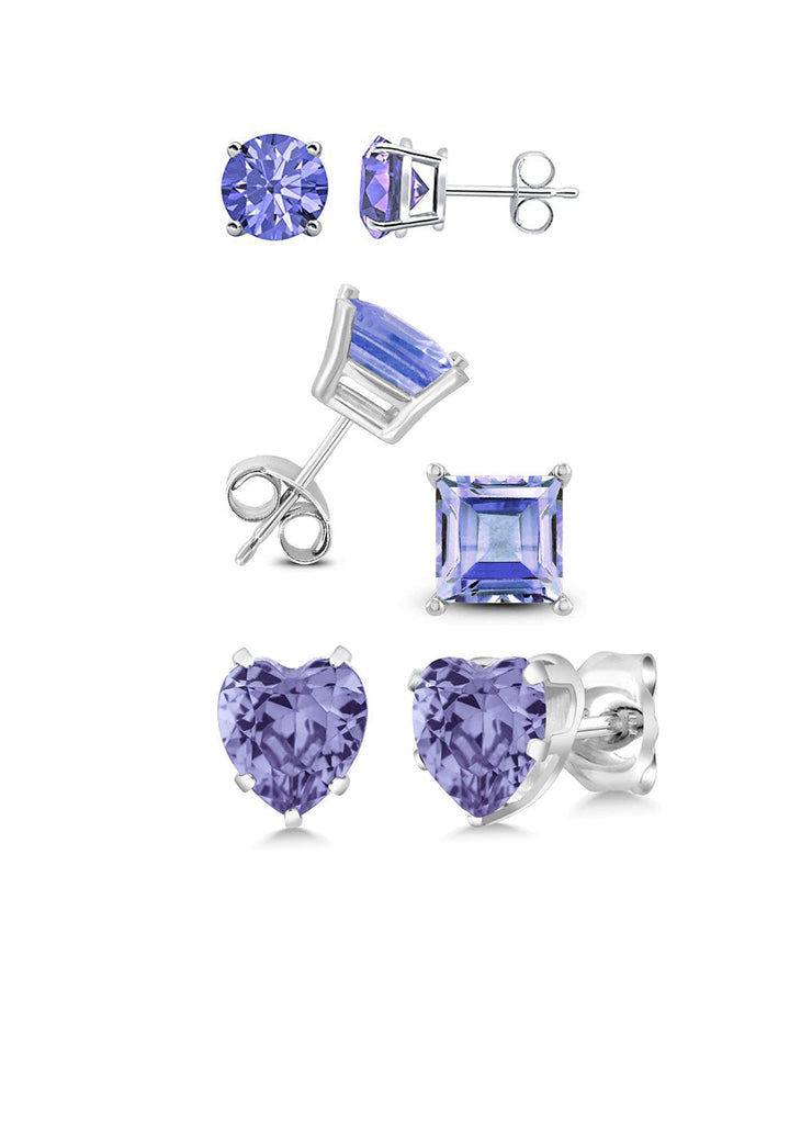 Paris Jewelry 18k White Gold Created Tanzanite 3 Pair Round, Square And Heart Stud Earrings Plated 4mm