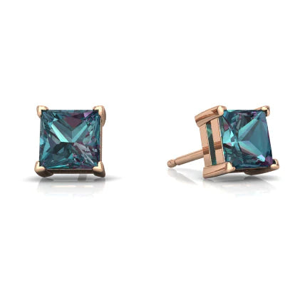 14k Rose Gold Created Alexandrite Princess Cut Stud Earrings 3mm