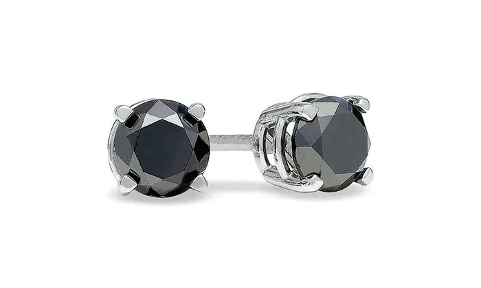 14K White Solid Gold Black Round Diamond Stud Earrings 6mm