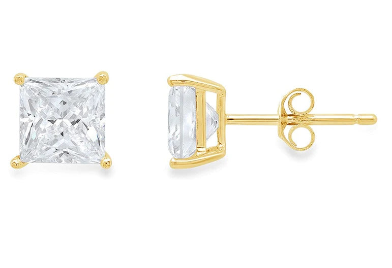 14k Yellow Gold Plated Created White Sapphire Princess Cut Stud Earrings 6mm