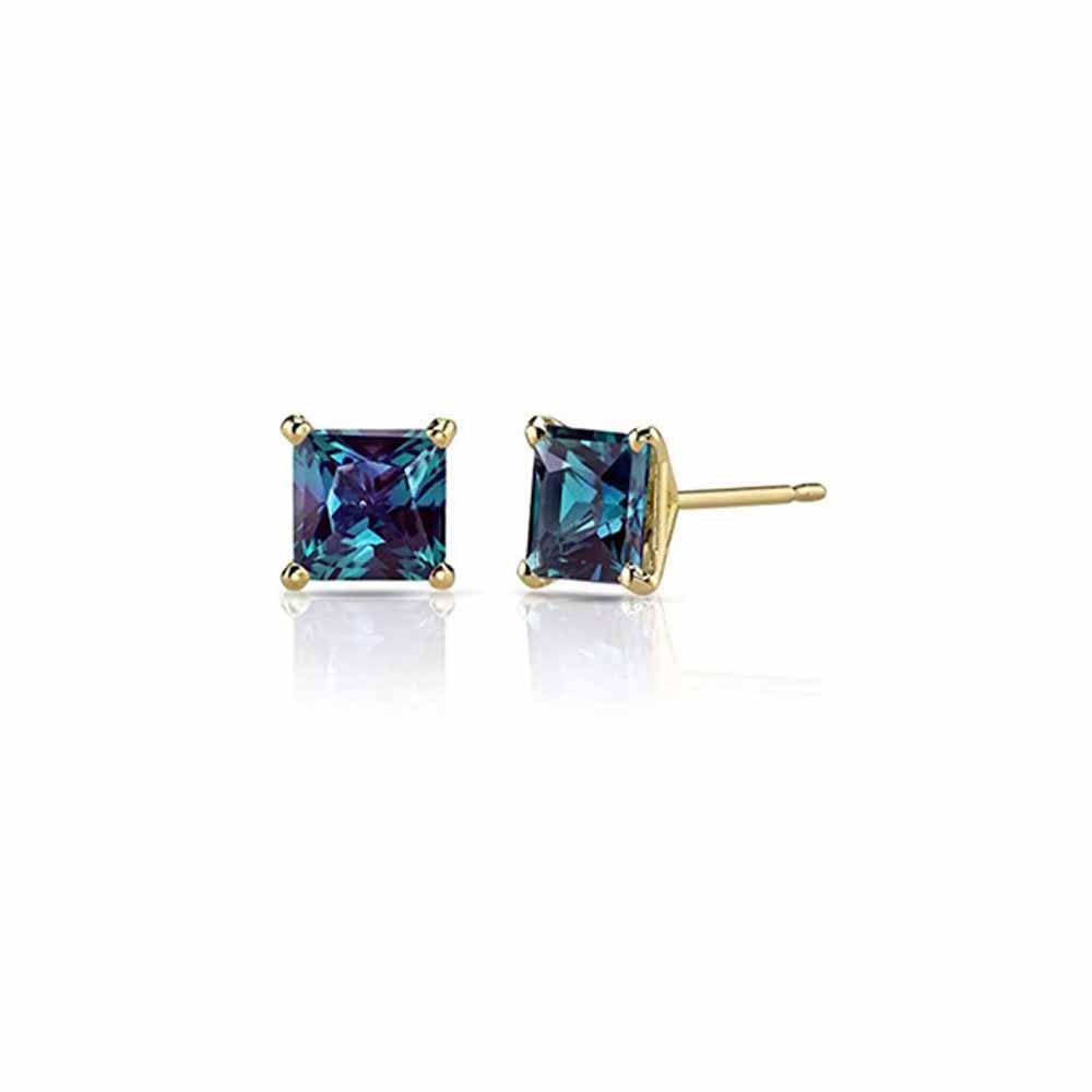 Paris Jewelry 14k Yellow Gold Push Back Princess Created Alexandrite Stud Earrings 4mm