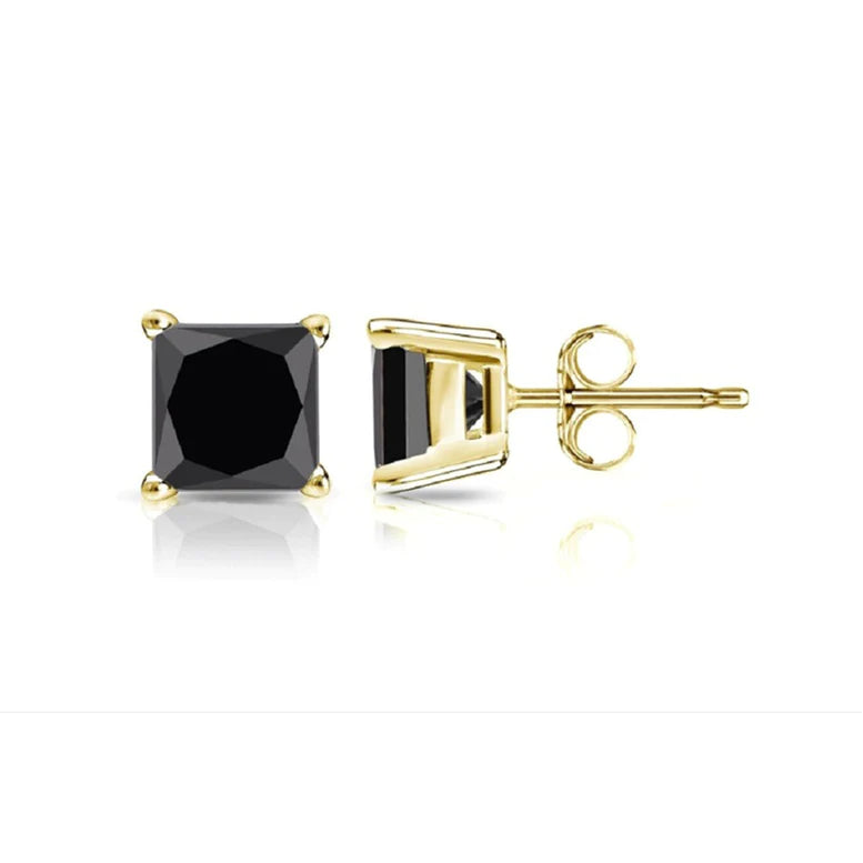 14k Yellow Gold 1/3 ct Created Black Diamond Princess Cut Stud Earrings