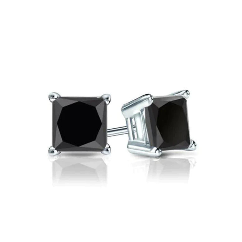 10k White Gold 1/4 ct Created Black Diamond Princess Cut Stud Earrings