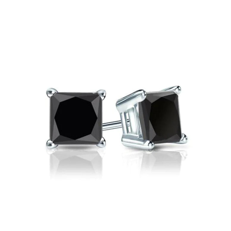 14k White Gold 1/3 ct Created Black Diamond Princess Cut Stud Earrings