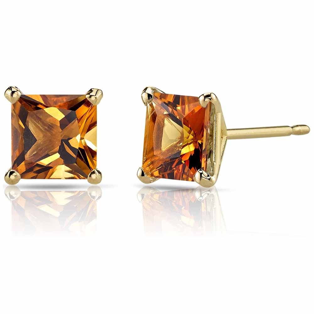 Paris Jewelry 14k Yellow Gold Push Back Princess Created Citrine Sapphire Stud Earrings 3mm