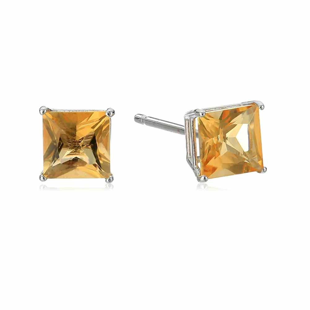 Paris Jewelry 14k White Gold Push Back Princess Created Citrine Sapphire Stud Earrings 3mm