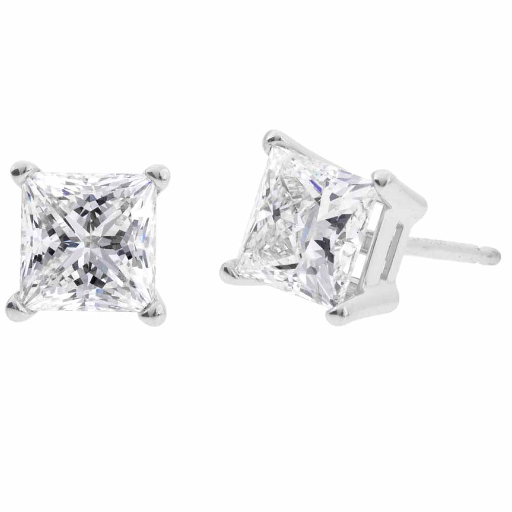 Paris Jewelry 14k White Gold Push Back Princess Created Diamond Stud Earrings 3mm