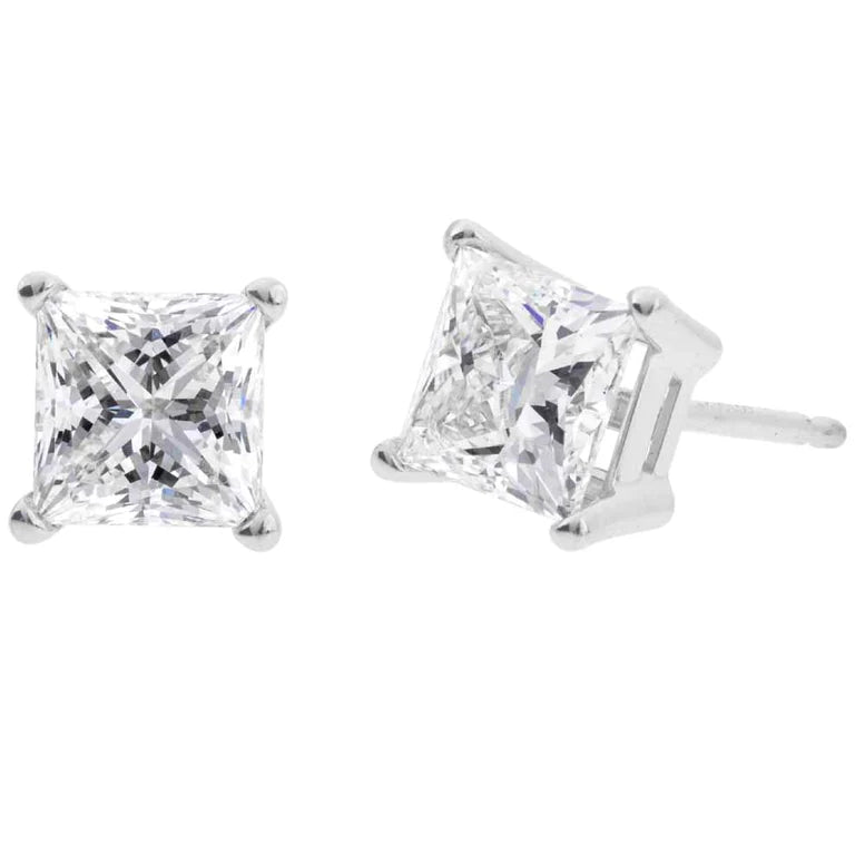 10k White Gold Created White Diamond Princess Cut Stud Earrings 4mm Plated