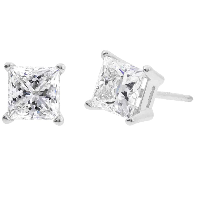 10k White Gold Created White Diamond Princess Cut Stud Earrings 6mm Plated