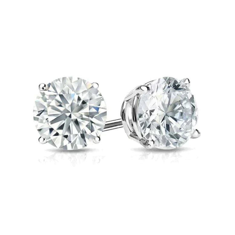 14K White Solid Gold White Diamond Round Stud Earrings 6mm