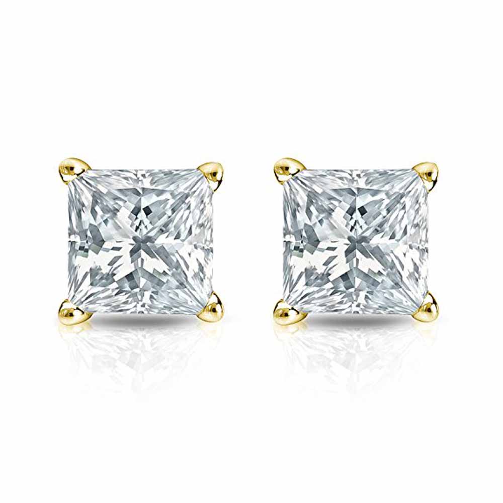 Paris Jewelry 14k Yellow Gold Push Back Princess Created Diamond Stud Earrings 3mm