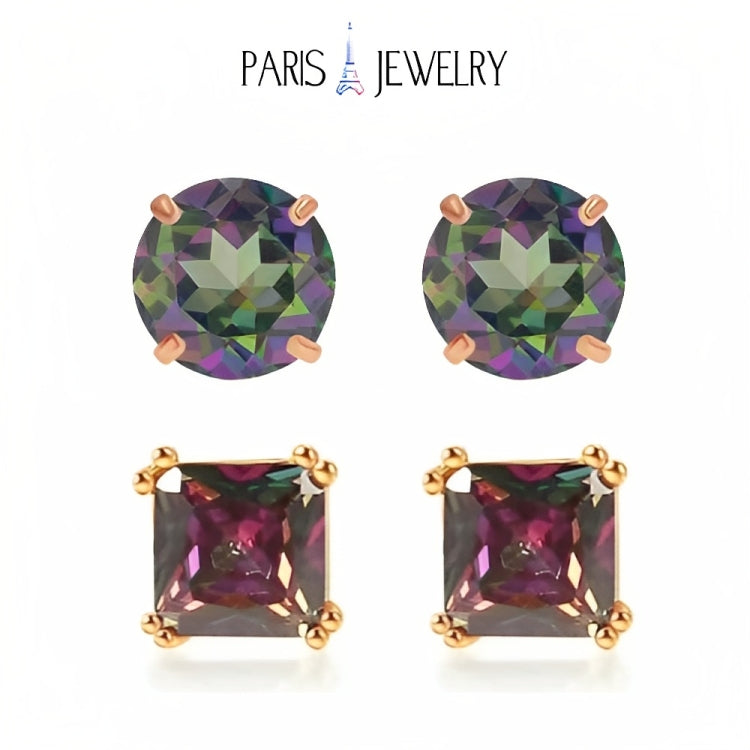 Paris Jewelry 18k Rose Gold 2 Pair Created Mystic 6mm Round & Princess Cut Stud Earrings Plated