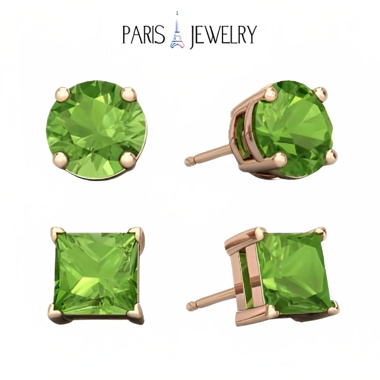 Paris Jewelry 18k Rose Gold 2 Pair Created Peridot 4mm Round & Princess Cut Stud Earrings Plated