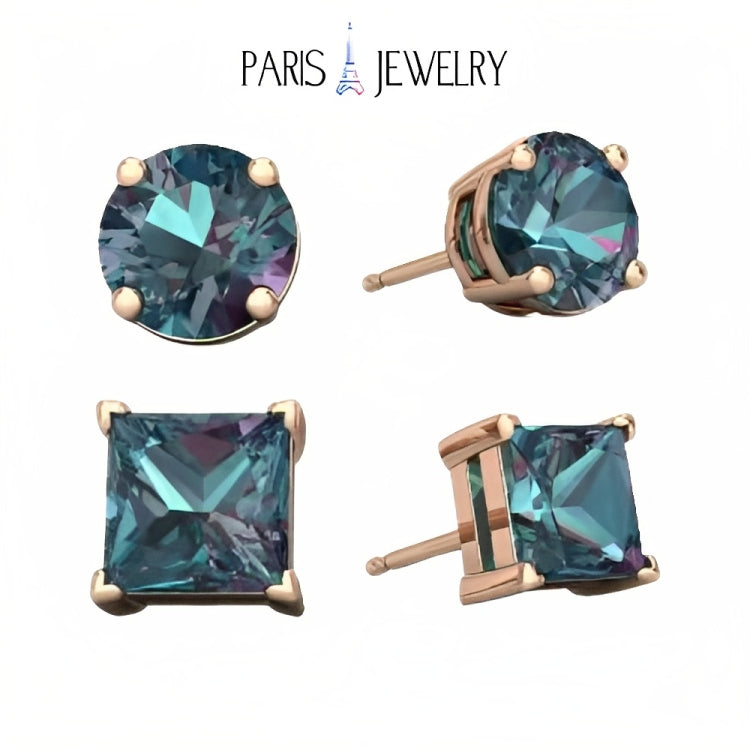 Paris Jewelry 18k Rose Gold 2 Pair Created Alexandrite 6mm Round & Princess Cut Stud Earrings Plated