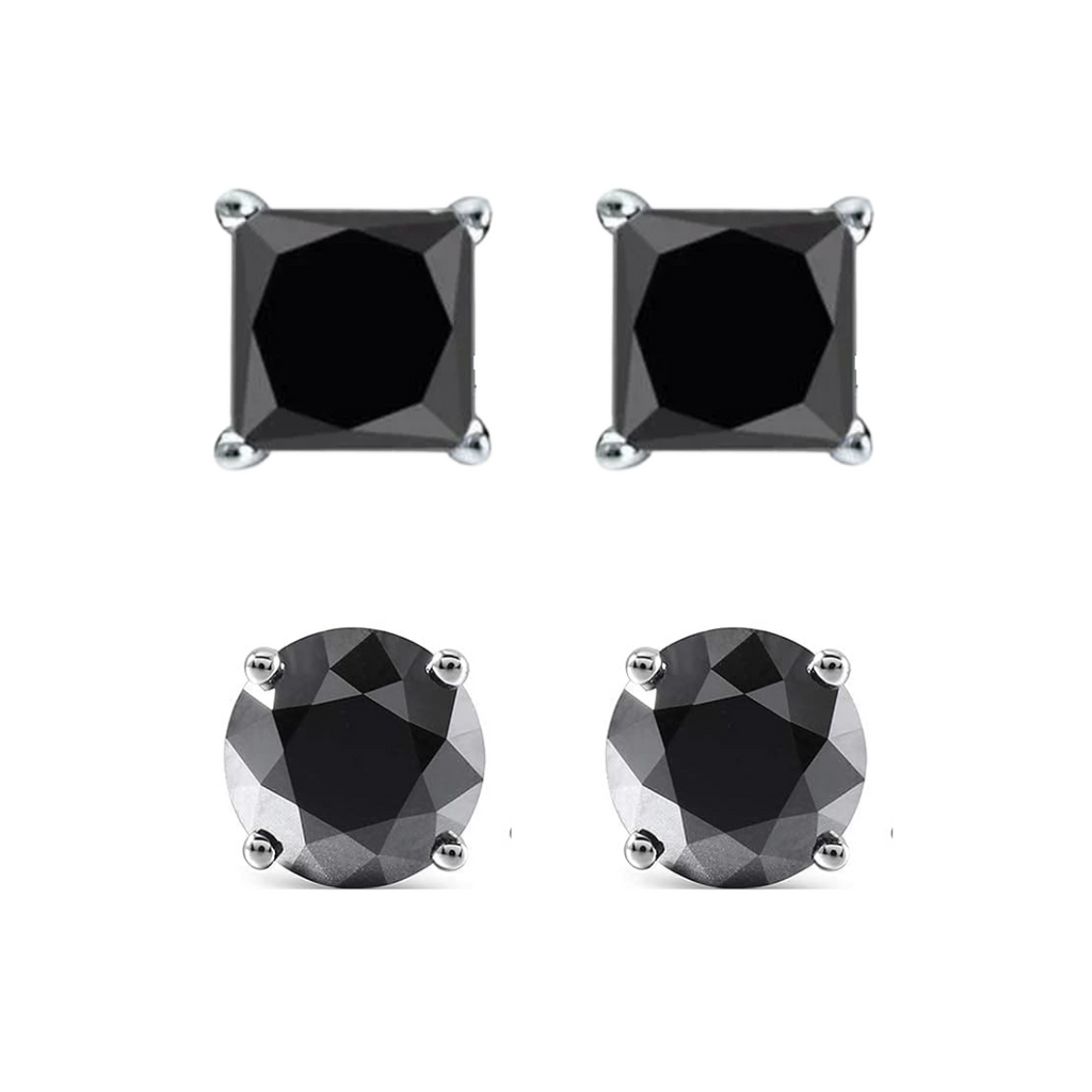 Paris Jewelry 14K White Solid Gold Created Black Diamond 1/4Ct, 1/2Ct, 1Ct, 2Ct, 3CT Round and Princess Stud Earrings 2 Pairs