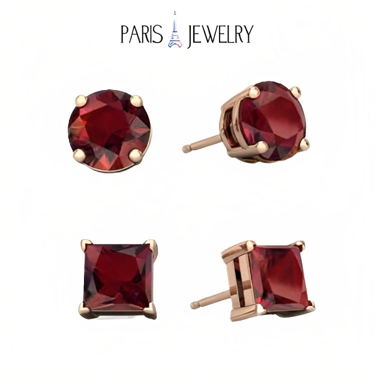 Paris Jewelry 18k Rose Gold 2 Pair Created Garnet 4mm Round & Princess Cut Stud Earrings Plated