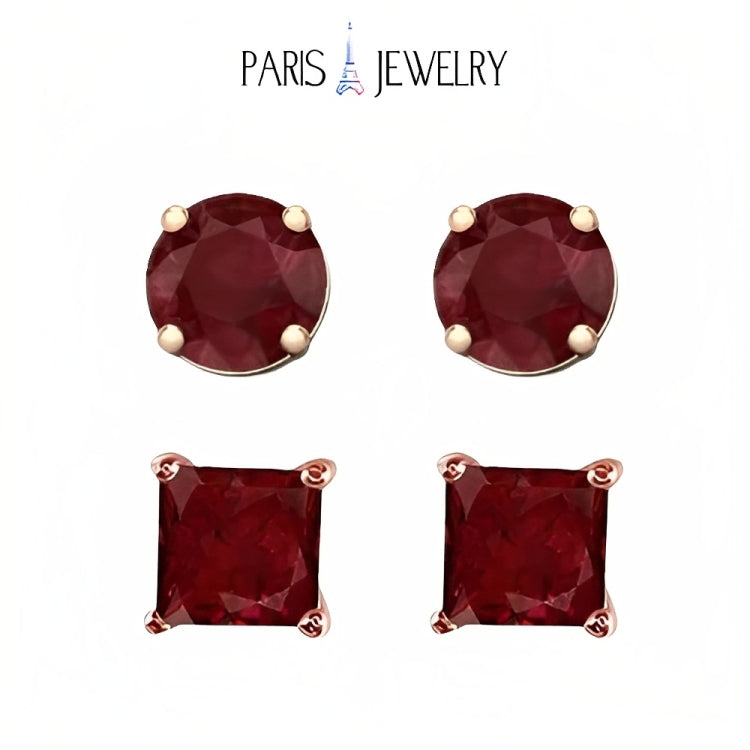 Paris Jewelry 18k Rose Gold 2 Pair Created Ruby 6mm Round & Princess Cut Stud Earrings Plated