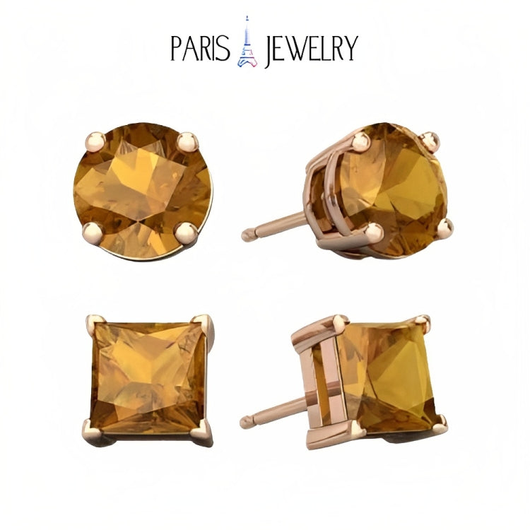 Paris Jewelry 18k Rose Gold 2 Pair Created Citrine 4mm Round & Princess Cut Stud Earrings Plated