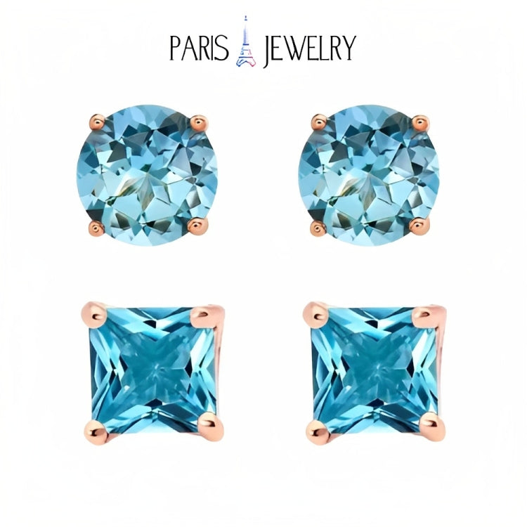 Paris Jewelry 18k Rose Gold 2 Pair Created Blue Topaz 4mm Round & Princess Cut Stud Earrings Plated