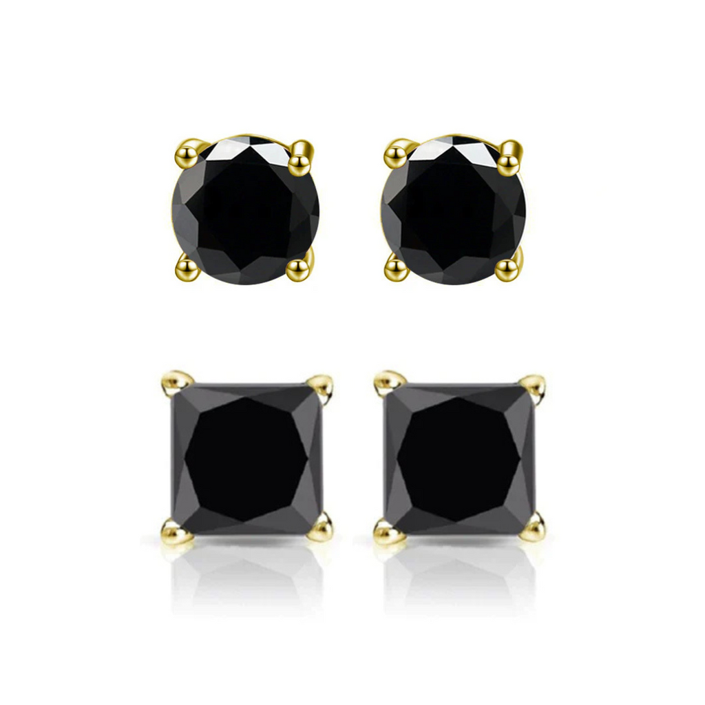 Paris Jewelry 14K Yellow Solid Gold Created Black Diamond 1/4Ct, 1/2Ct, 1Ct, 2Ct, 3CT Round and Princess Stud Earrings 2 Pairs