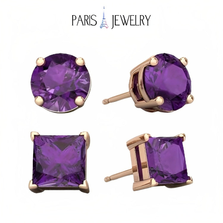 Paris Jewelry 18k Rose Gold 2 Pair Created Amethyst 4mm Round & Princess Cut Stud Earrings Plated