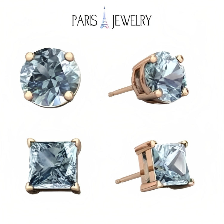 Paris Jewelry 18k Rose Gold 2 Pair Created Aquamarine 6mm Round & Princess Cut Stud Earrings Plated