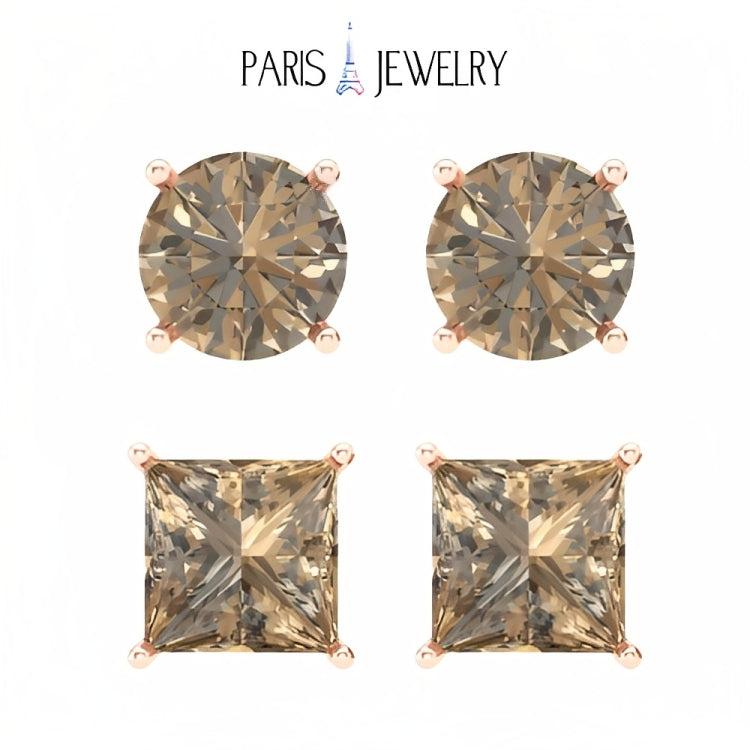 Paris Jewelry 18k Rose Gold 2 Pair Created Champagne 6mm Round & Princess Cut Stud Earrings Plated