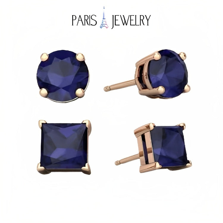 Paris Jewelry 18k Rose Gold 2 Pair Created Blue Sapphire 4mm Round & Princess Cut Stud Earrings Plated