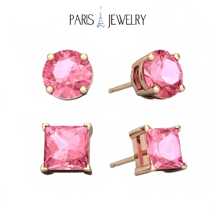 Paris Jewelry 18k Rose Gold 2 Pair Created Pink Sapphire 4mm Round & Princess Cut Stud Earrings Plated