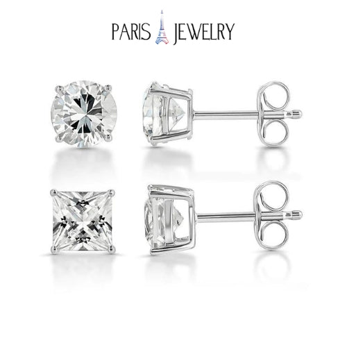 Paris Jewelry 18k White Gold 2 Pair Created White Sapphire 4mm Round & Princess Cut Stud Earrings Plated