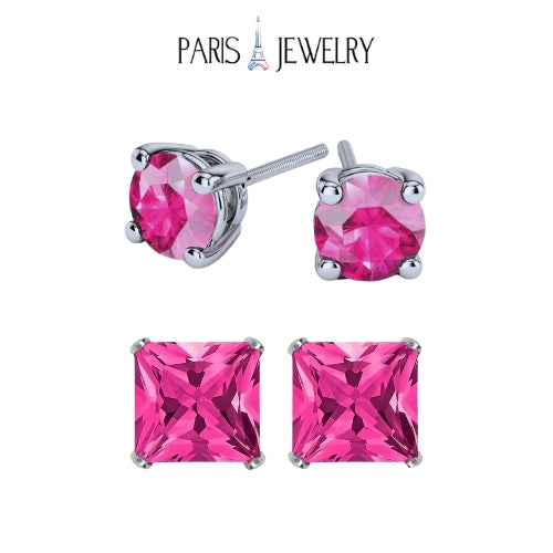 Paris Jewelry 18k White Gold 2 Pair Created Pink Sapphire 4mm Round & Princess Cut Stud Earrings Plated