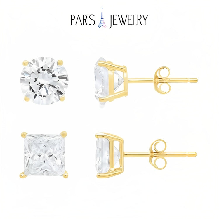 18k Yellow Gold 2 Pair Moissanite Round & Princess Cut Stud Earrings Plated 6mm By Paris Jewelry