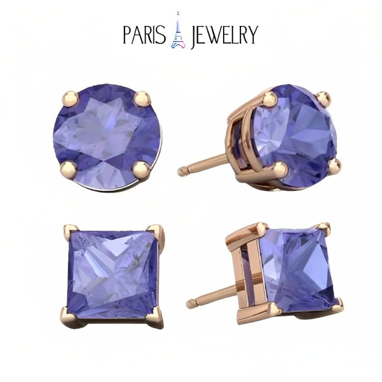 Paris Jewelry 18k Rose Gold 2 Pair Created Tanzanite 6mm Round & Princess Cut Stud Earrings Plated