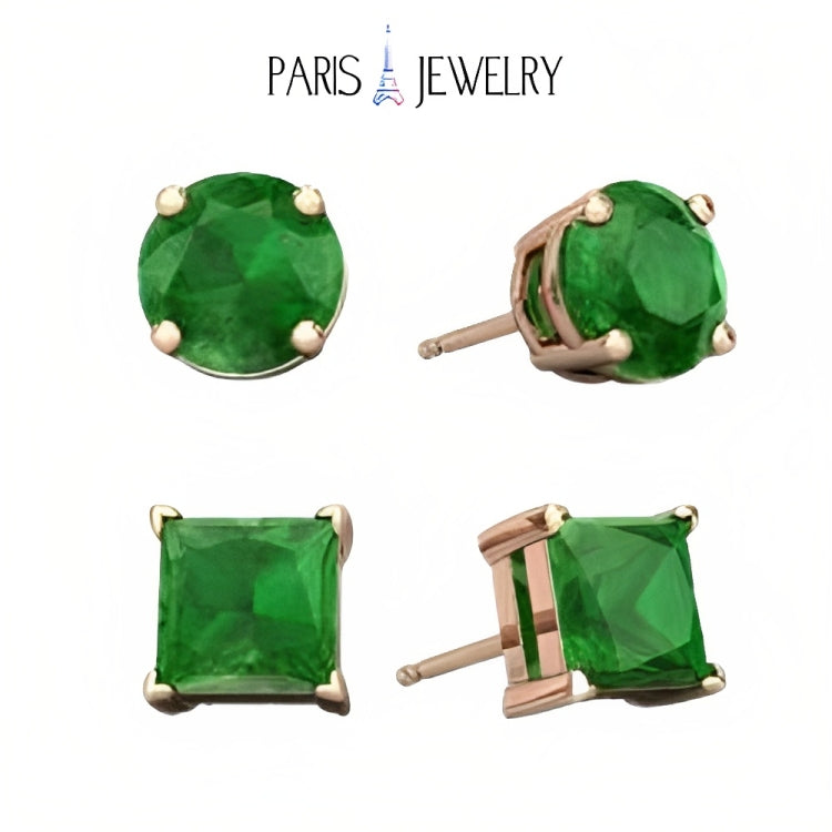 Paris Jewelry 18k Rose Gold 2 Pair Created Emerald 4mm Round & Princess Cut Stud Earrings Plated