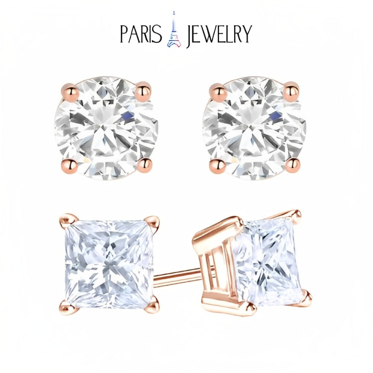 18k Rose Gold 2 Pair Moissanite Round & Princess Cut Stud Earrings Plated 6mm By Paris Jewelry