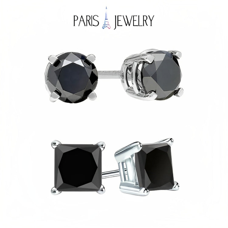 Paris Jewelry 18k White Gold 2 Pair Created Black Sapphire 4mm Round & Princess Cut Stud Earrings Plated