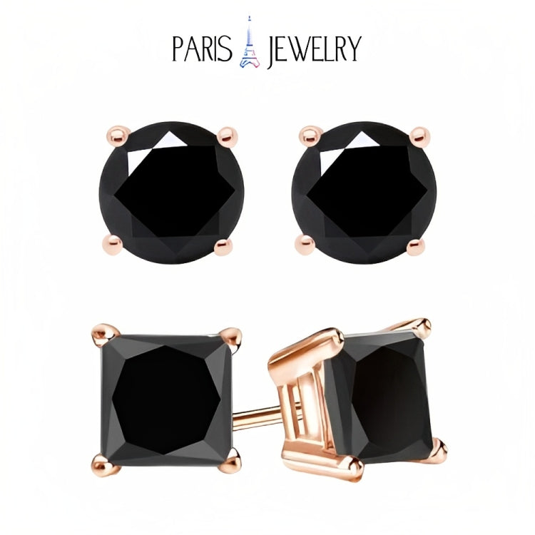 Paris Jewelry 18k Rose Gold 2 Pair Created Black Sapphire 4mm Round & Princess Cut Stud Earrings Plated