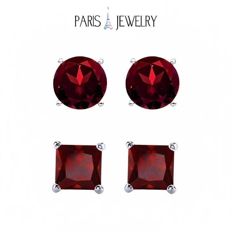 Paris Jewelry 18k White Gold 2 Pair Created Garnet 4mm Round & Princess Cut Stud Earrings Plated